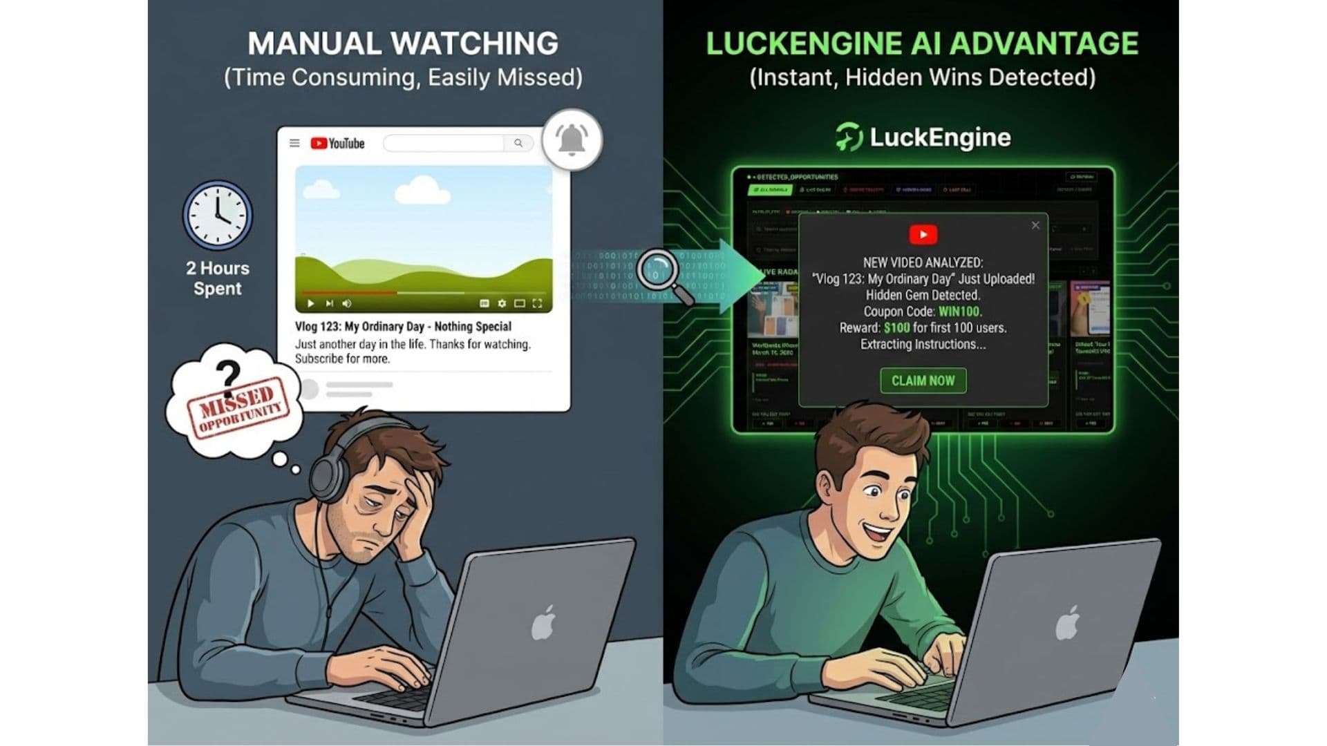Manual Watching vs LuckEngine AI Advantage Comparison Infographic