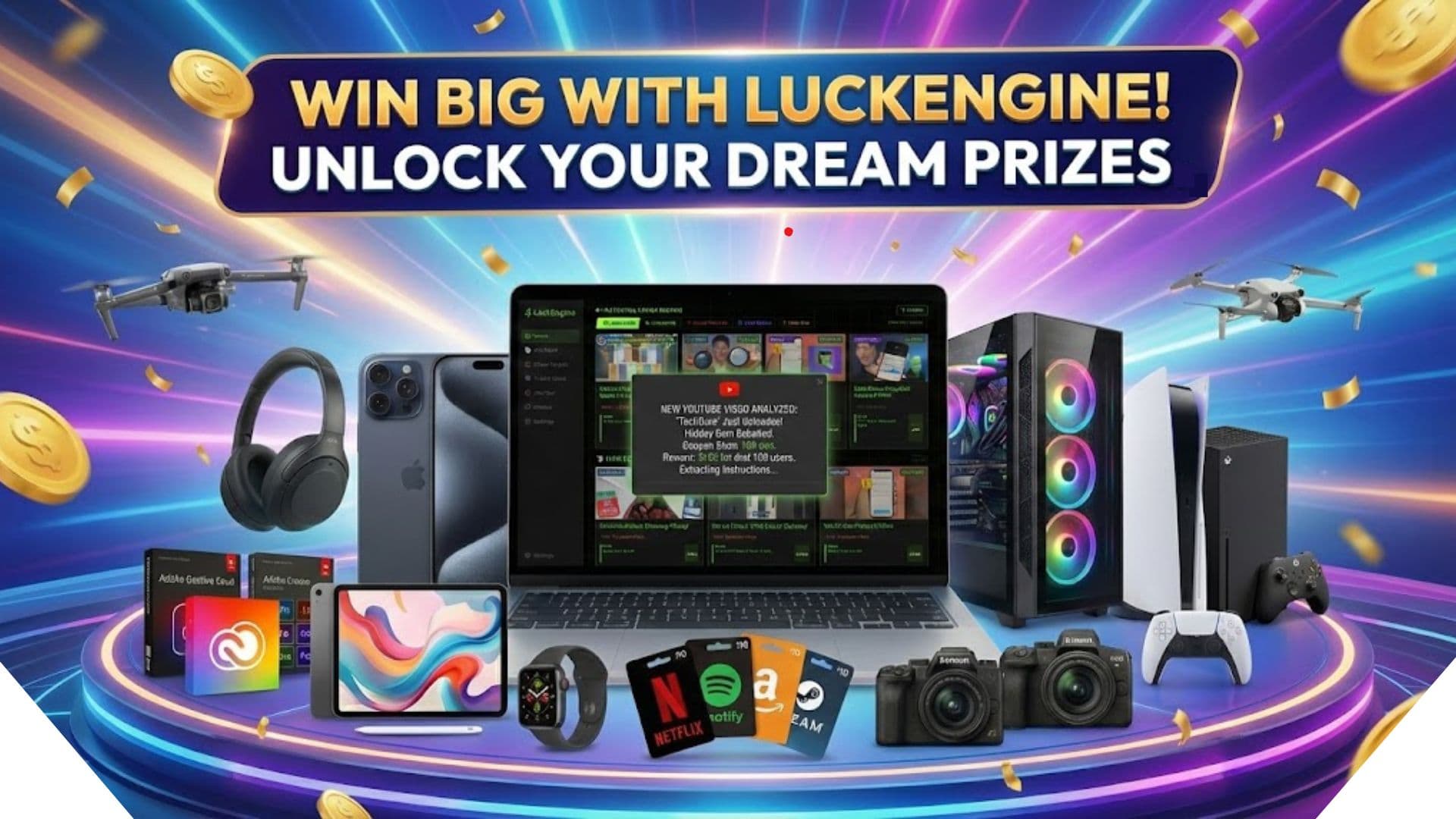 Massive prizes, laptops, and tech bundles won using LuckEngine